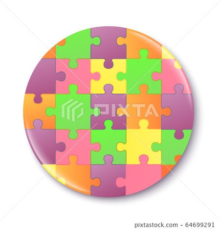 Badge or pin with puzzle pattern mockup, realistic vector illustration isolated. 64699291