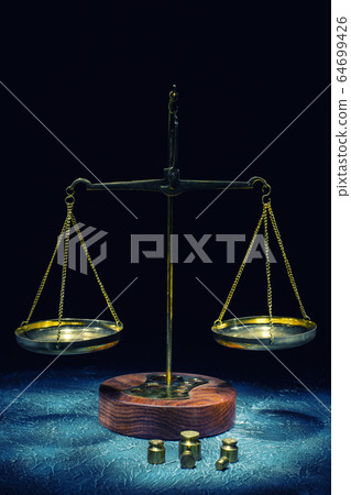 Old vintage scales of justice with weights stand Old vintage scales of justice with weights stand 64699426