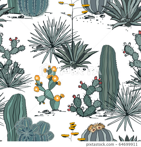 Seamless Pattern With Cactus Plants Blue Stock Illustration 64699911 Pixta