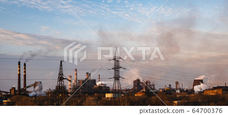 Chemical plant polluting air, smoke from chimneys. High power electricity poles 64700376