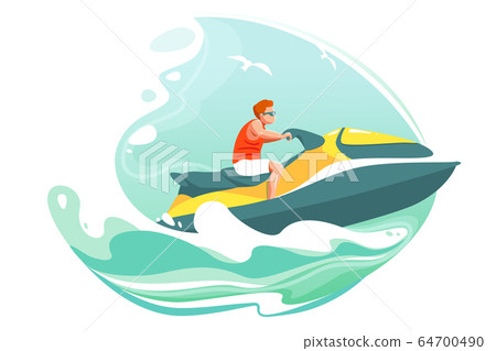 Man ride jetski in sea vector poster. Aquabike on ocean waves illustration. Summer cartoon landscape with character in sunglasses on water scooter. Extreme watersport banner. Wave isolated background Man ride jetski in sea vector poster. Aquabike on ocean waves illustration. Summer cartoon landscape with character in sunglasses on water scooter. Extreme watersport banner. Wave isolated background 64700490