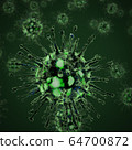 Closup Virus in cluster of viruses Virus, Viruses under microscope, floating in fluid, green abstract representation of a virus 64700872