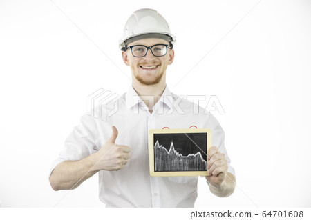 overconfident businessman keeps falling trend graph smiling looks at camera 64701608