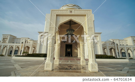 View of white domes of main entrance to Presidential Palace, with designed floor. 64701634