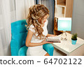 A young girl in a beautiful outfit sits in an armchair and reads an interesting book. 64702122