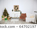 Interior in a classic style in a country house, decorated with decorative elements for Christmas.  64702197
