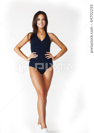 young pretty slim woman doing gym isolated on white background, healthcare people concept closeup young pretty slim woman doing gym isolated on white background, healthcare people concept closeup 64702293