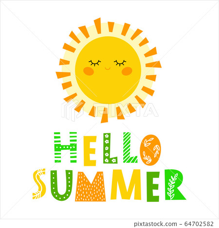 Hello summer - hand drawn typography poster with inspirational phrase. T-shirt, greeting card, print art or home decoration in Scandinavian style. Scandinavian design. Vector Hello summer - hand drawn typography poster with inspirational phrase. T-shirt, greeting card, print art or home decoration in Scandinavian style. Scandinavian design. Vector 64702582