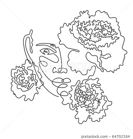 Abstract face with flowers - one line vector drawing. Minimalistic style portrait. Botanical print. Fashion print. Beaty salon or cosmetics logo. Abstract face with flowers - one line vector drawing. Minimalistic style portrait. Botanical print. Fashion print. Beaty salon or cosmetics logo. 64702584