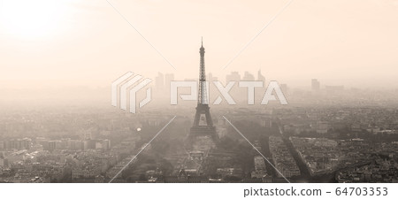 Aerial view of Paris city at sunset. 64703353