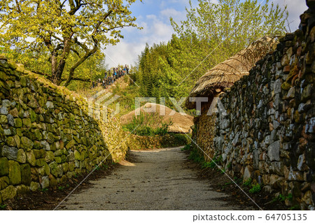 Spring, thatched houses, Nakaneupseong, Suncheon, Jeonnam, Korea 64705135