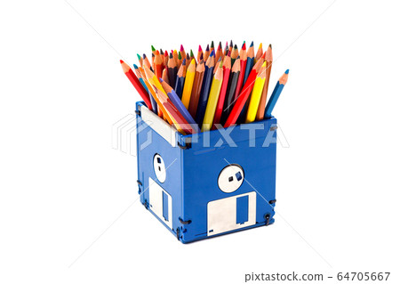 recycle floppy disk, Creative objects used for Store supplies such as pen pencils Scissors in a box, concept recycle floppy disk, isolate white background recycle floppy disk, Creative objects used for Store supplies such as pen pencils Scissors in a box, concept recycle floppy disk, isolate white background 64705667
