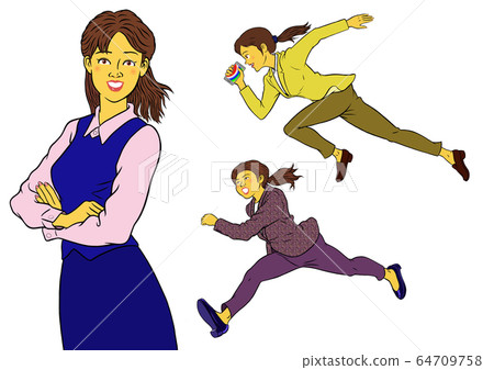 三組正在運行的新女僱員和雙臂交叉的女僱員 三組正在運行的新女僱員和雙臂交叉的女僱員 64709758