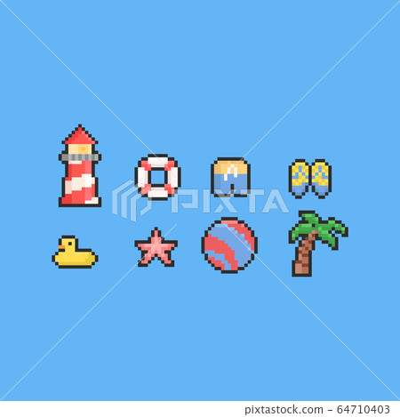 Pixel summer beach elements set.8bit. 64710403
