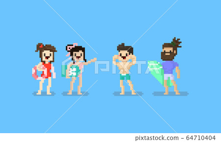 Pixel summer beach character set.8bit. 64710404