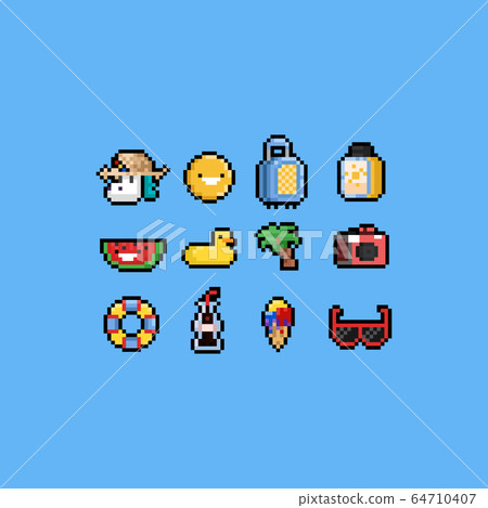 Pixel cartoon summer icon set.8bit.Holiday. Pixel cartoon summer icon set.8bit.Holiday. 64710407