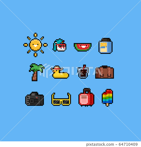 Pixel cute cartoon summer icon set.8bit. 64710409