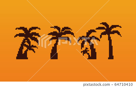 Pixel summer sunset beach coconut tree set.8bit. 64710410