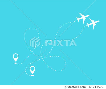 Flat plane and its track on blue background. 64711572