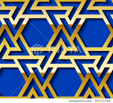 Arabic seamless golden pattern with classic islamic culture ornament. Blue background with shadow. 64713784