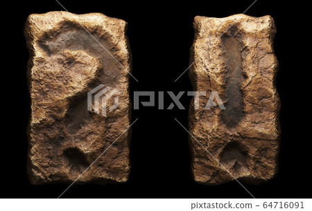Set of rocky symbols question mark and exclamation mark. Font of stone on black background. 3d Set of rocky symbols question mark and exclamation mark. Font of stone on black background. 3d 64716091