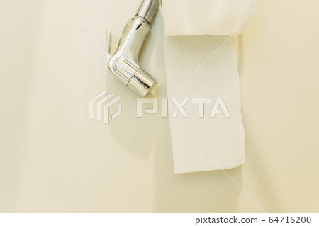 Bidet shower and toilet roll on white wall 64716200