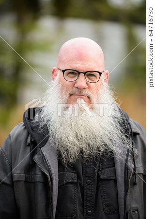Face of mature bald bearded man with eyeglasses 64716730