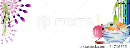 Illustration of a willow and a waterworks on fireworks illustration of Japanese summer landscape banner material 64716755