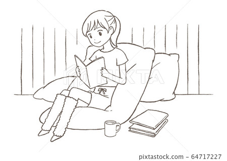 A woman relaxing in the room and reading a book with a background 64717227