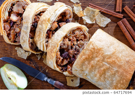 Eggless vegan apple strudel of phyllo dough Eggless vegan apple strudel of phyllo dough 64717694