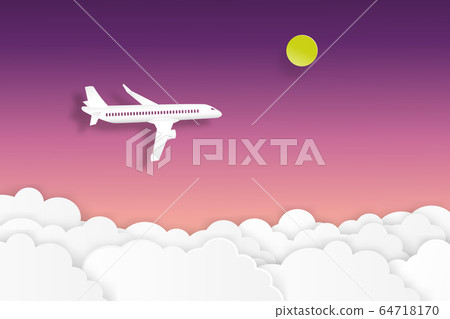 Airplane flying on twilight sky with moon and cloud tranportation and travel concept paper art cut style vector illustration. 64718170