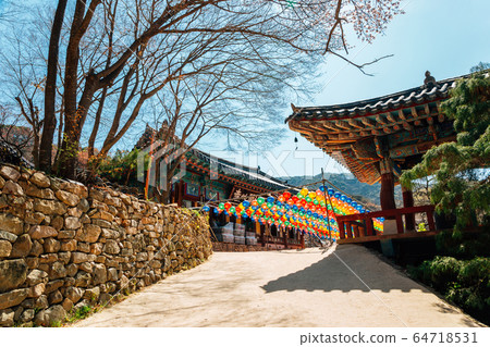 Gaesimsa Temple with Buddha's Birthday colorful lanterns in Seosan, Korea Gaesimsa Temple with Buddha's Birthday colorful lanterns in Seosan, Korea 64718531
