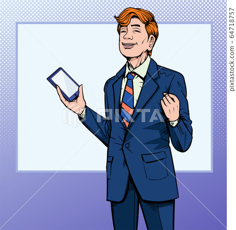 Business man with Tablet and mobile phone Some people are impressive. Illustration vector On pop art comics style Boards background. Business man with Tablet and mobile phone Some people are impressive. Illustration vector On pop art comics style Boards background. 64718757