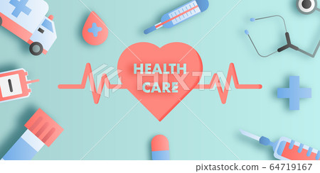 Paper art style of health care and medical elements with heart and electrocardiogram in the center. 64719167
