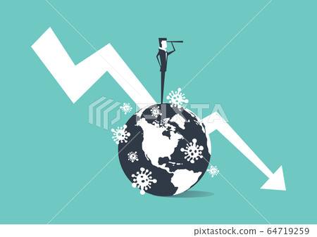 Businessman standing on a globe full of virus outbreaks and carrying binoculars. Businessman standing on a globe full of virus outbreaks and carrying binoculars. 64719259