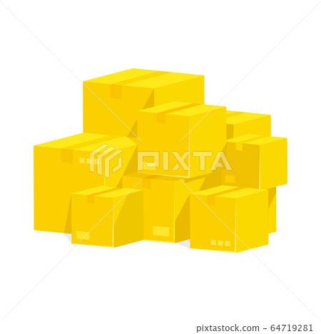 Pile of stacked sealed goods yellow cardboard boxes. 64719281