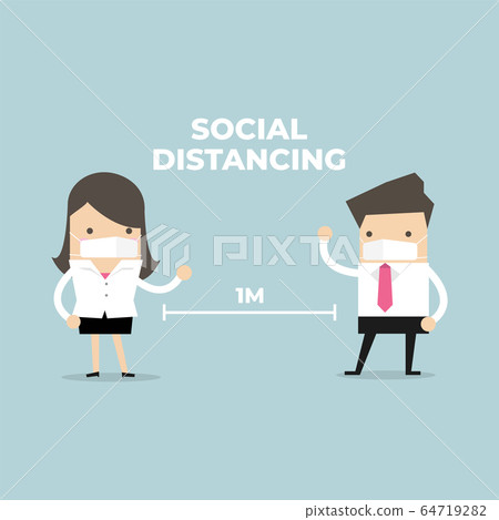 Businessman and Businesswoman keep distance away in the meeting with virus pathogens. Businessman and Businesswoman keep distance away in the meeting with virus pathogens. 64719282