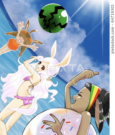 兔子耳朵在海上嬉戲的泳裝女孩 兔子耳朵在海上嬉戲的泳裝女孩 64719305
