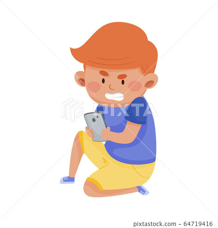 Little Angry Boy Sitting and Holding Smartphone Vector Illustration Little Angry Boy Sitting and Holding Smartphone Vector Illustration 64719416