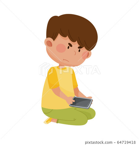 Little Angry Boy Sitting and Holding Smartphone Vector Illustration 64719418