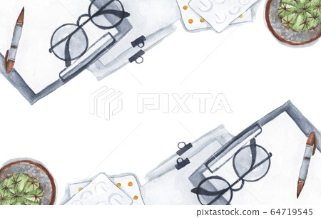 Top view of doctor desk table and office supplies. Watercolor illustration. 64719545