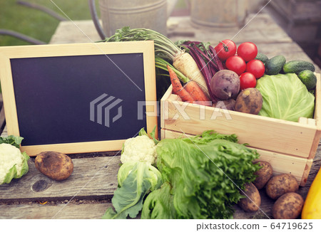 close up of vegetables with chalkboard on farm 64719625
