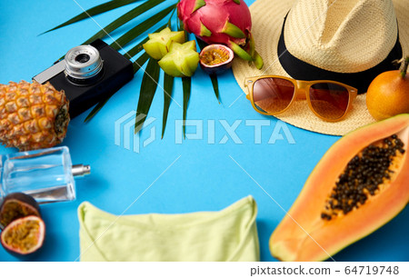 sunglasses, hat, camera, fruits and clothes 64719748