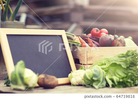 close up of vegetables with chalkboard on farm 64719818