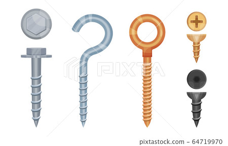 Metal Screws with Steel Bolts and Nails Vector Set Metal Screws with Steel Bolts and Nails Vector Set 64719970