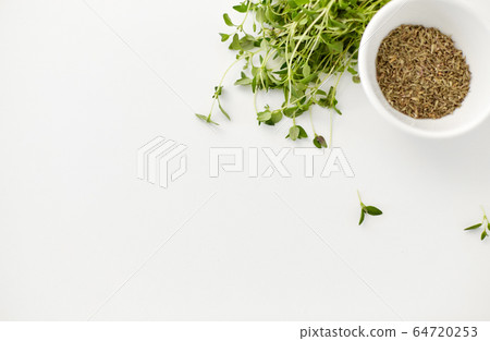 fresh thyme and dry seasoning on white background fresh thyme and dry seasoning on white background 64720253