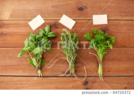 greens, spices or medicinal herbs on wooden boards 64720372