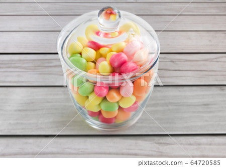 close up of glass jar with colorful candy drops close up of glass jar with colorful candy drops 64720585