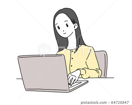 Computer woman long hair black hair illustration yellow cardigan white edge 64720847