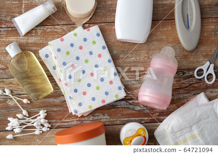 baby accessories for bathing on wooden table baby accessories for bathing on wooden table 64721094